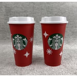 Set of 2 Starbucks 25 Years Holiday Cup Cheer 2023 Red Cups & Lids